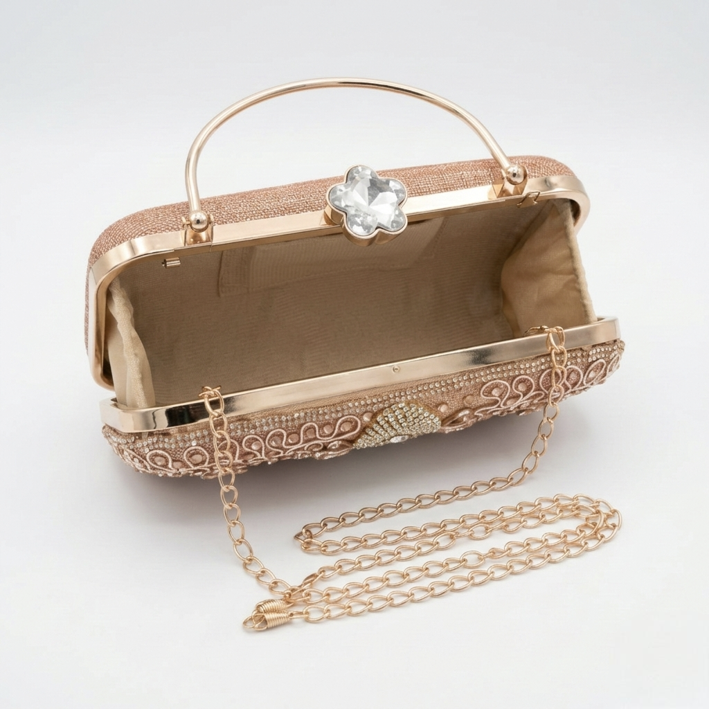 Designer Blush Pink Bridal Purse with Intricate Beadwork and Floral Stone Detail