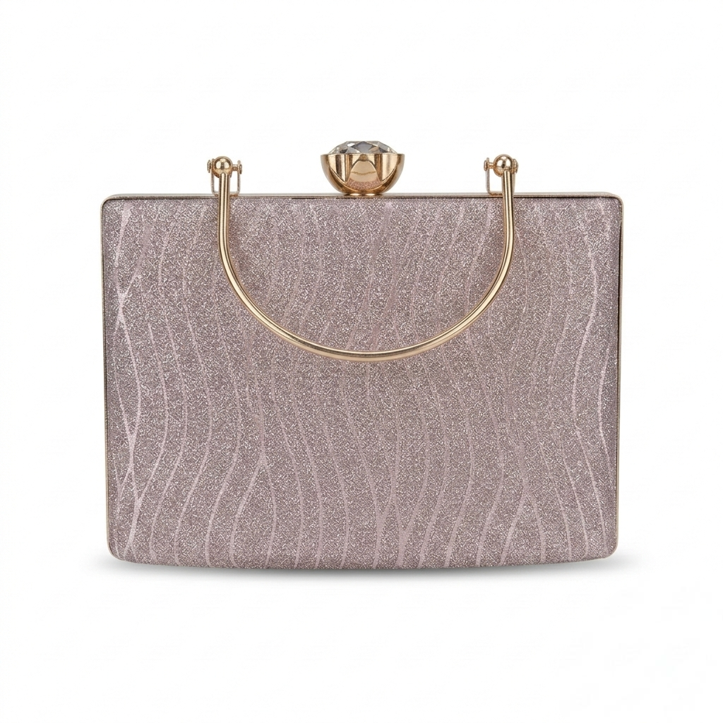 Elegant Dusty Rose Formal Handbag with Hard Shell and Gold Metal Grip