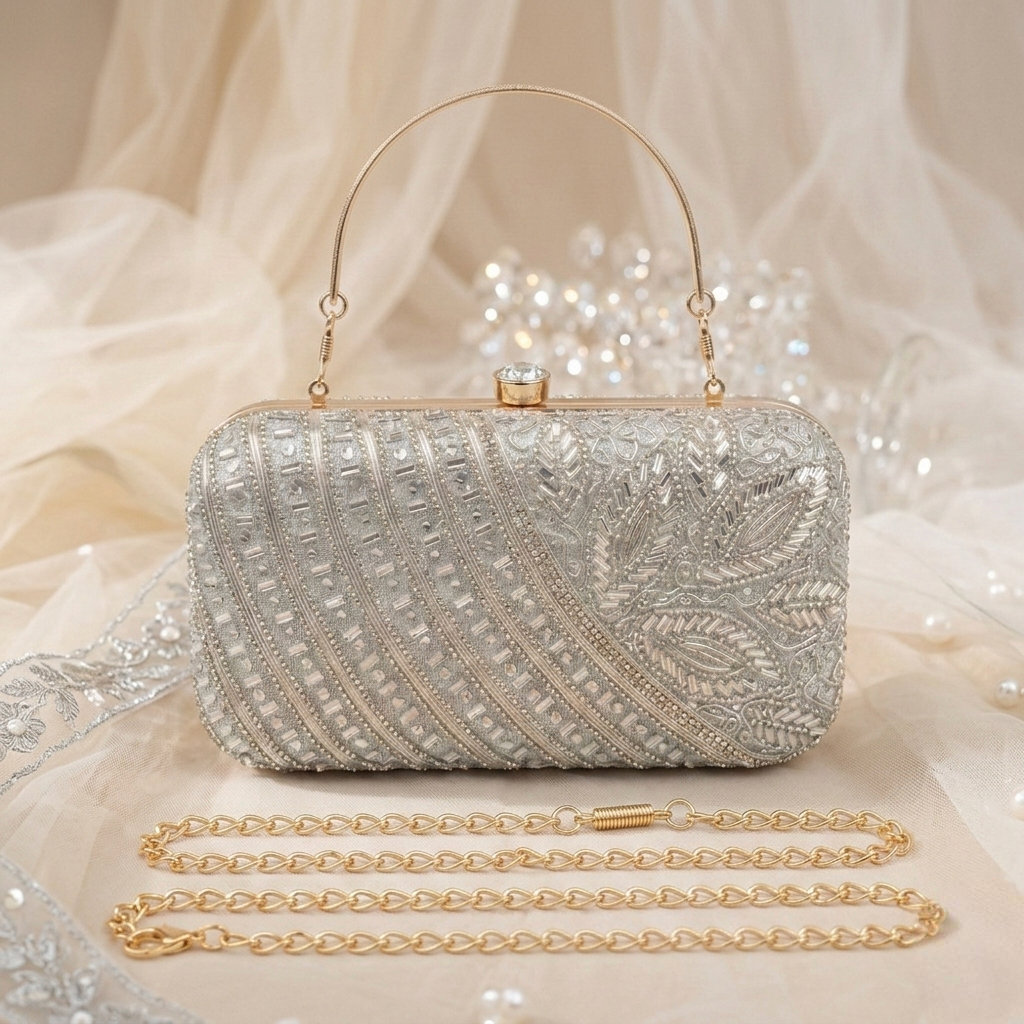 Elegant Metallic Silver Formal Purse with Detachable Gold Chain for Weddings