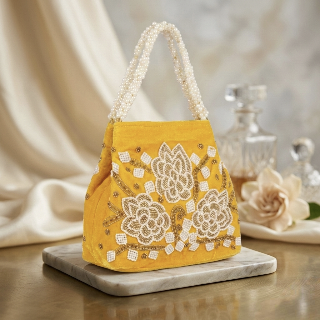 Embroidered Ivory Silk Potli Bag with Gold Floral Vine Detail