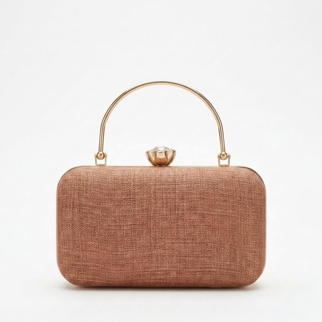 Formal Metallic Rose Gold Minaudière with Top Metal Grip for Galas and Parties