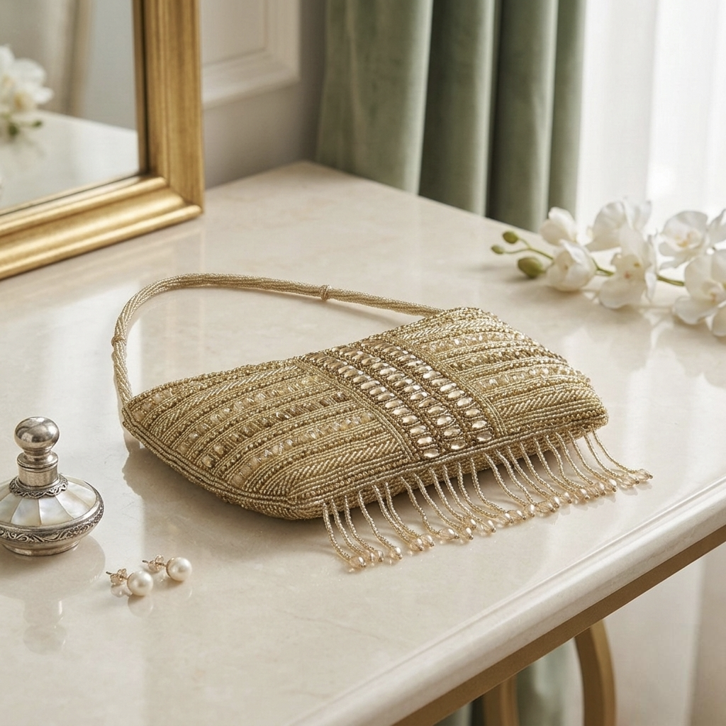 Hand-Beaded Gold Sequin Evening Clutch with Crystal Embellishments