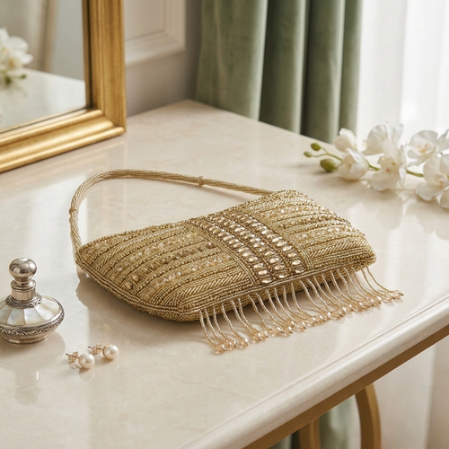 Hand-Beaded Gold Sequin Evening Clutch with Crystal Embellishments