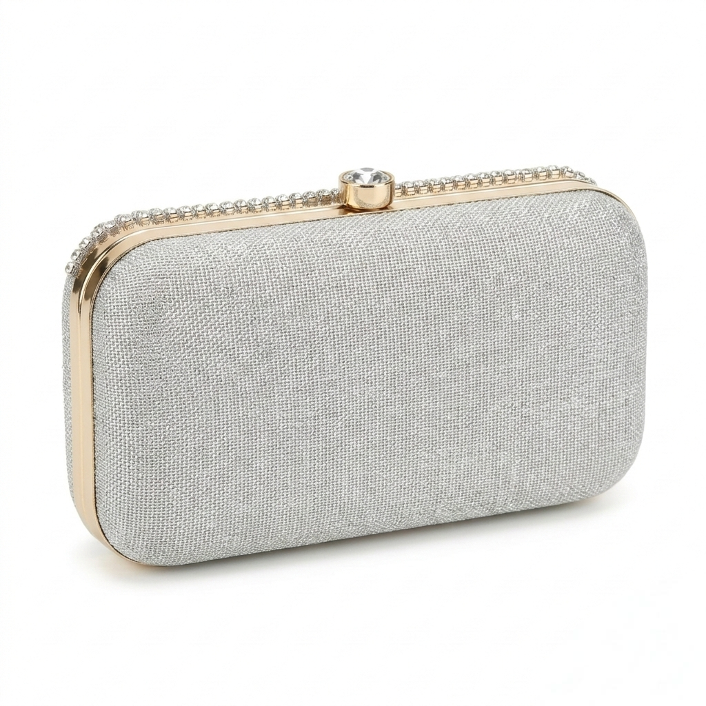 Hand-Embellished Silver Bridal Box Clutch with Crystal Clasp and Gold Strap