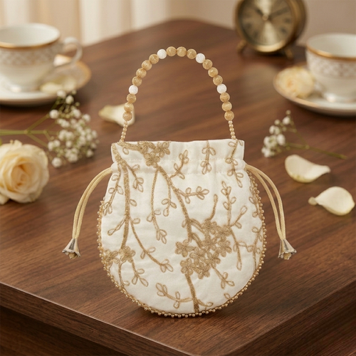 Ivory Silk Potli Bag with Gold Floral Embroidery and Beaded Handle