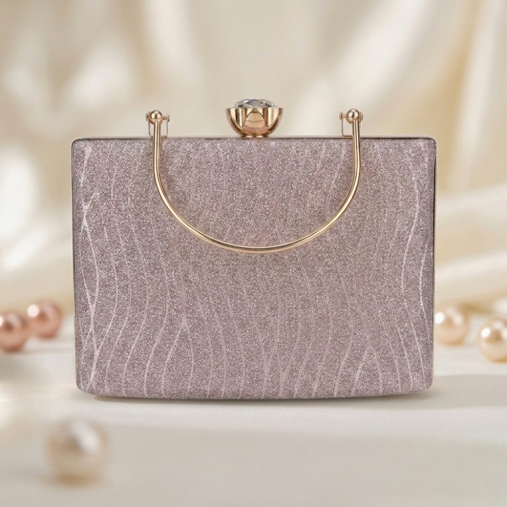 Lavender Pink Glitter Box Clutch with Wavy Texture and Gold Ring Handle