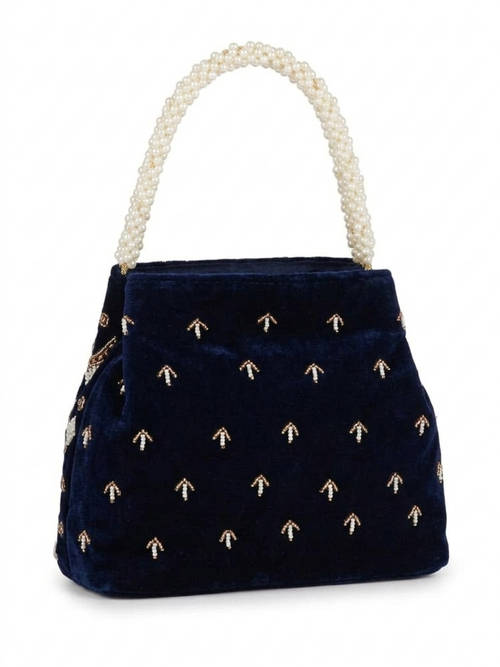 Navy Blue Evening Batua with White Pearl-Style Beading and Braided Handle