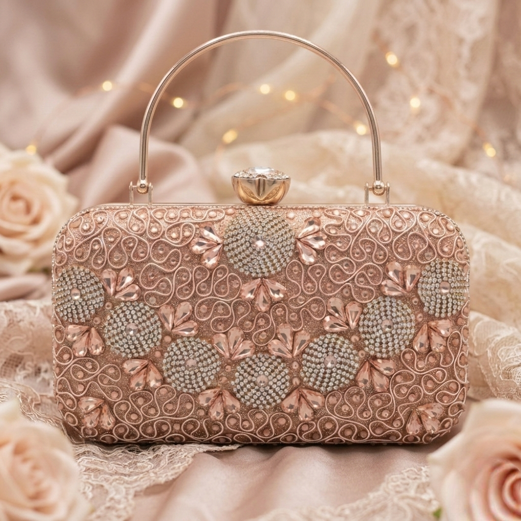 Rose Gold Crystal Box Clutch with Round Ring Handle and Rhinestone Embellishments