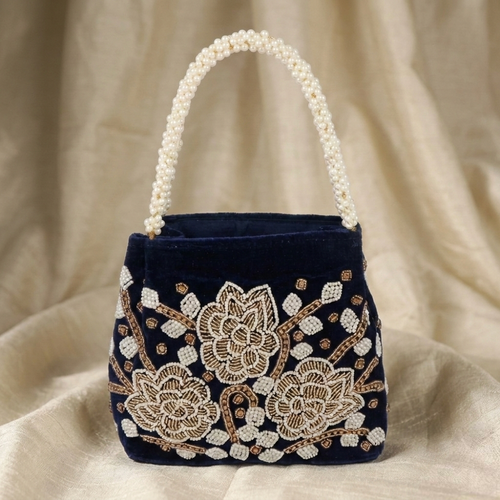 Royal Navy Blue Velvet Potli Bag with White and Gold Bead Embroidery