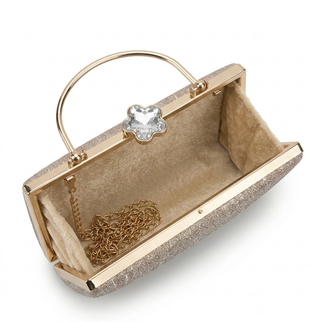 Shimmering Mauve Evening Purse with Crystal Clasp and Metallic Gold Strap