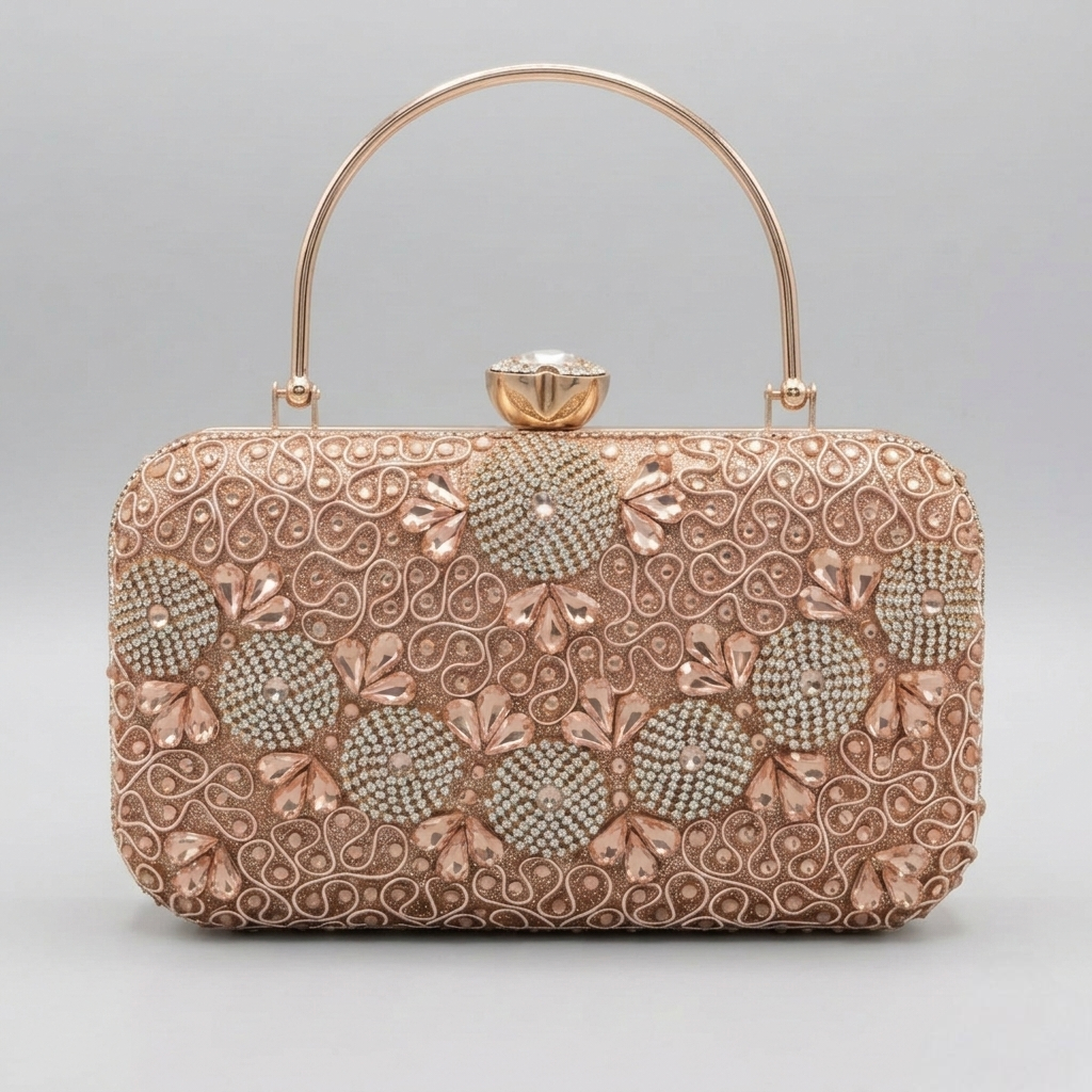 Shimmering Rose Gold Evening Bag with Concentric Beaded Circles and Crystal Clasp