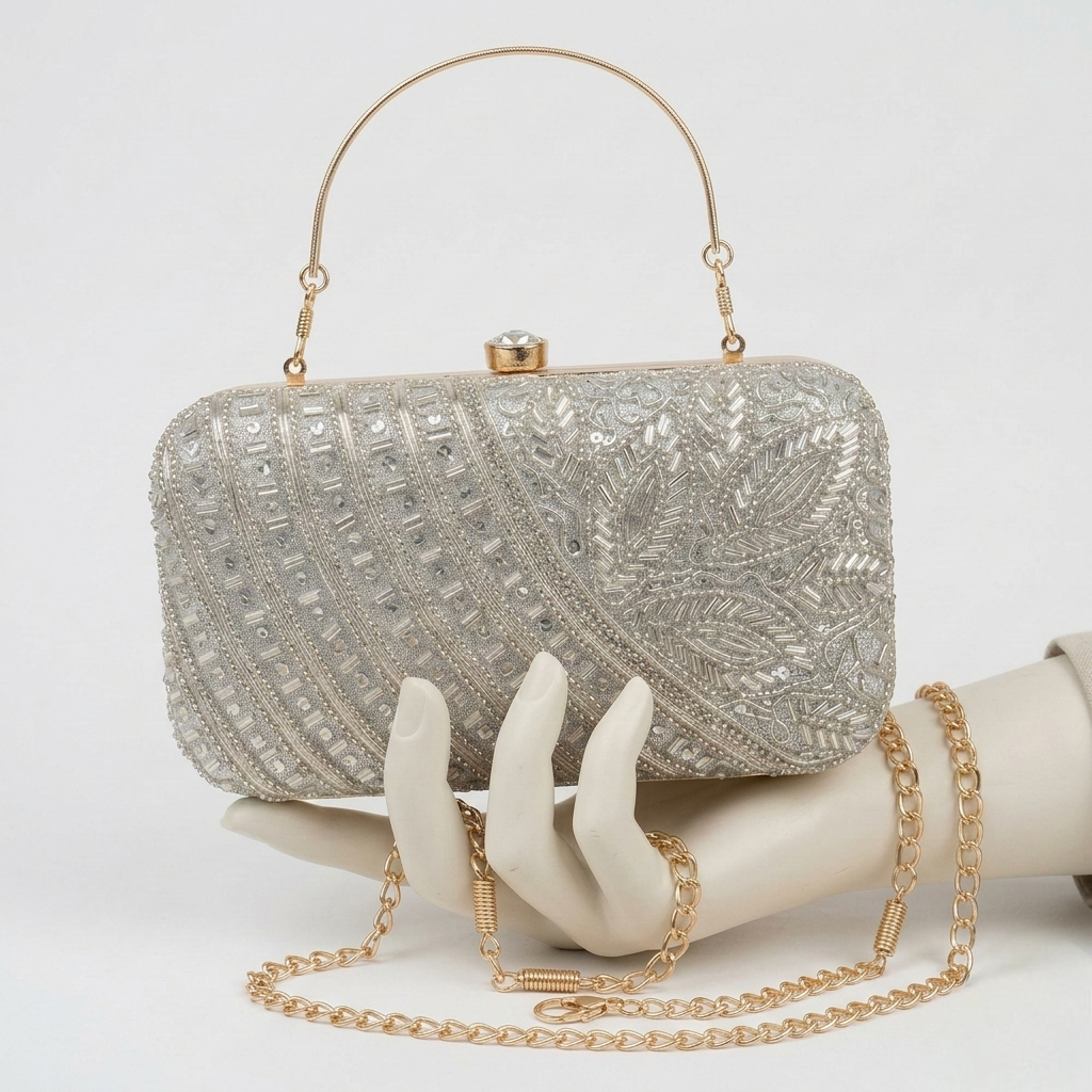 Silver Sequin Evening Clutch with Top Ring Handle and Golden Crossbody Chain