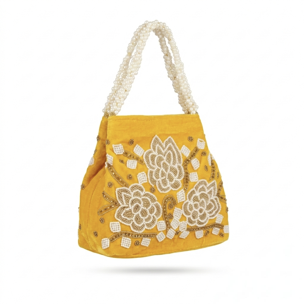 Traditional Off-White Bridal Batua with Beaded Gold Handle